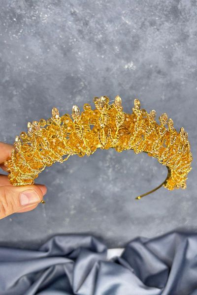 Hayalperest boncuk Honey Color Crystal Bead Embroidered Steaming Bridal Crown
