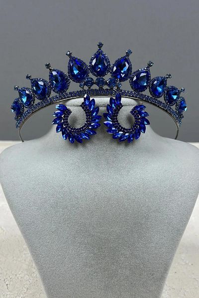 Hayalperest boncuk Neri Model Wedding Henna Costume Crown and Leaf Earrings Set Sax Blue