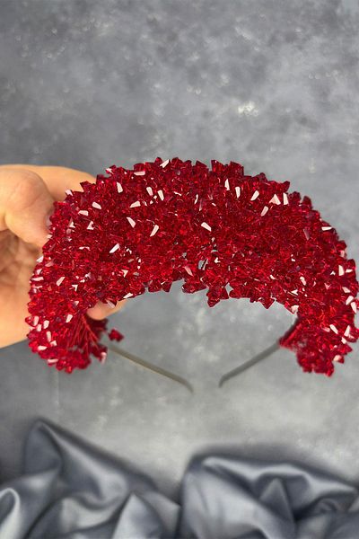 Hayalperest boncuk Red Asu Dense Bead Embroidered Bridal Henna Crown