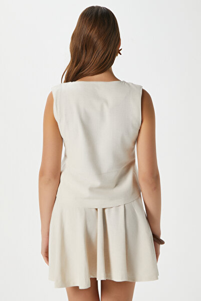 Ritnice Women's Zera Linen Cotton Stone Vest Waist Elastic Skirt Bottom Top Set