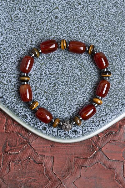 Saff Doğal Taş Certified Agate, Tiger Eye and Hematite Bracelet – with Silver Accessories