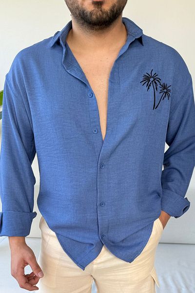 Tarz Cool Ανδρικό πουκάμισο με γιακά με κουμπιά Saks 100% λινό κεντημένο