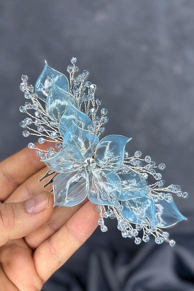 Hayalperest boncuk Light Blue Pearlescent Essence Scalloped Bridal Hair Accessory