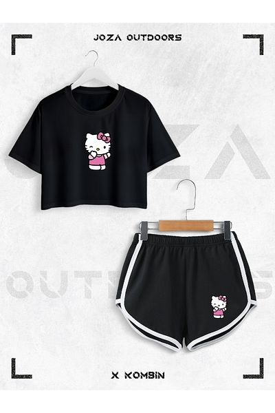 Jobia Outdoors Women's Hello Kitty Printed Design Summer Oversize Crop and Bias Shorts 2 Piece Set