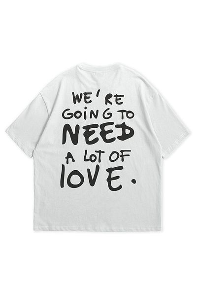 Scrovtie White Unisex Calvin Jones Need Love Printed Crew Neck Short Sleeve Oversize T-Shirt