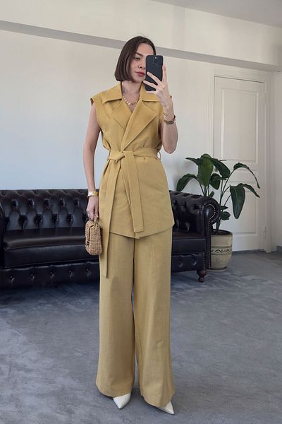 MAGARDE Linen Belted Suit - Yellow