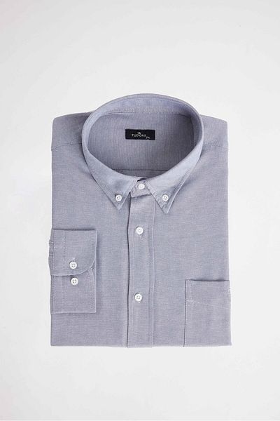 Tudors Γκρι Oxford Texture Lapel Ανδρικό πουκάμισο μεγάλου μεγέθους - Μακρύ μανίκι, κέντημα και τσέπη με κουμπιά