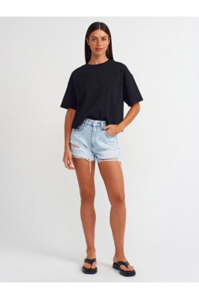 Distimi Women's Laser Cropped Denim Shorts-Blue