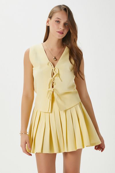Ritnice Women's Zera Linen Cotton Yellow Vest Waist Elastic Skirt Bottom Top Set