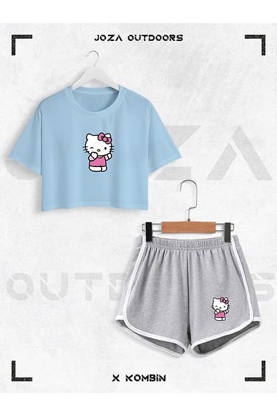 Jobia Outdoors Women's Hello Kitty Printed Design Summer Oversize Crop and Bias Shorts 2 Piece Set