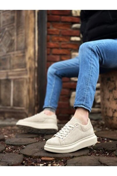 Bukond Thick High Sole Cream Suede Lace-Up Sports Men's Shoes