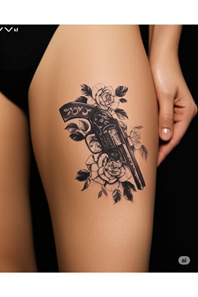 KANİNCHEN Gerçek Dövme Görünümlü Silah Ve Gül Desenli Geçici Dövme Tattoo