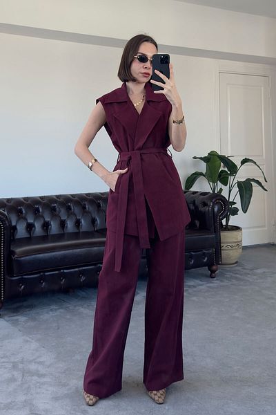 MAGARDE Linen Belted Suit - Claret Red