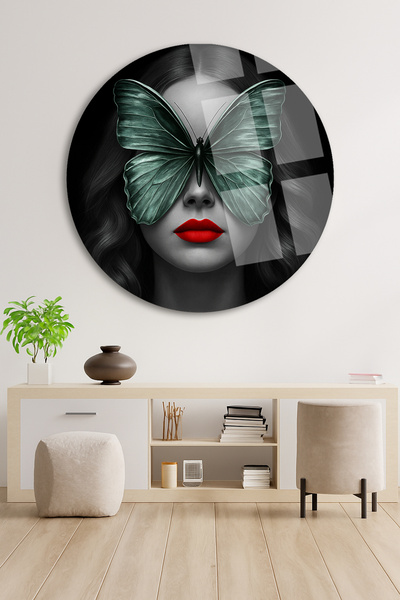 TAULART ŽENA I LEPTIR MODERNA SLIKA NELOMILO LUKSUZNO STAKLO SLIKA OKRUGLO ST...