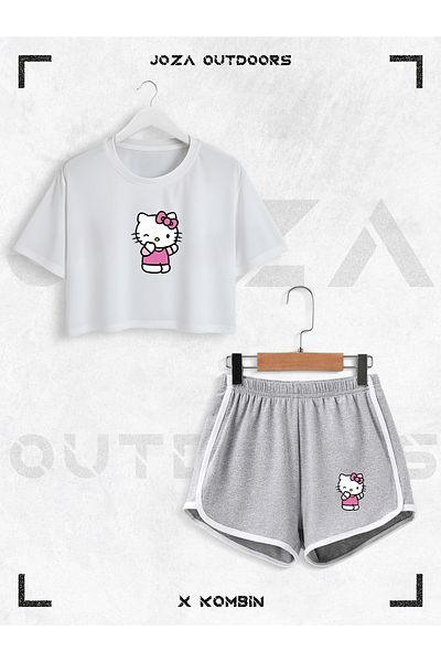 Jobia Outdoors Women's Hello Kitty Printed Design Summer Oversize Crop and Bias Shorts 2 Piece Set