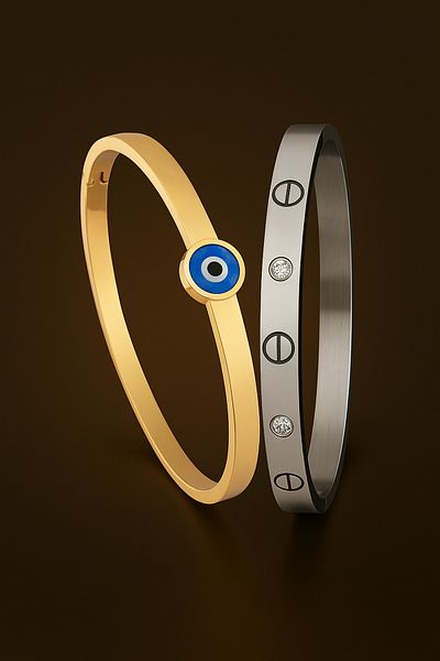 pullmarkt Set of 2 Bracelets - Evil Eye Handcuff Bracelet and Stone Handcuff Bracelet Ser