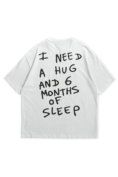 Scrovtie White Unisex Calvin Jones I Need Sleep Printed Crew Neck Short Sleeve Oversize T-Shirt