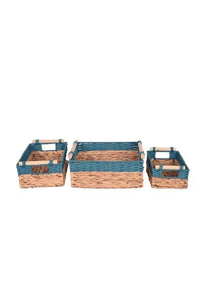 Bahçem Decorative Water Hyacinth / Water Hyacinth Rectangular Blue Detailed Wooden Handle Basket Set of 3