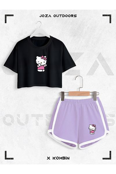 Jobia Outdoors Women's Hello Kitty Printed Design Summer Oversize Crop and Bias Shorts 2 Piece Set