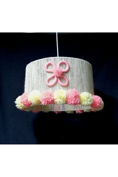 TEKAY AYDINLATMA Ecru Jute Rope Wrapped Pink Pompom Baby Girl and Children's Room Chandelier