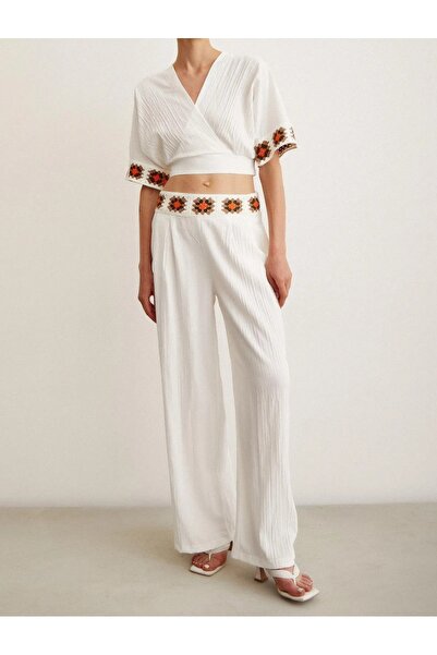 sportiness Süzene Embroidered Double Breasted Collar with Belt Crop Linen Fabric Set