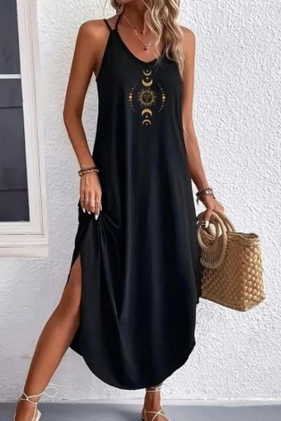 Mossta V-Neck Patterned Long Viscose Dress - Black
