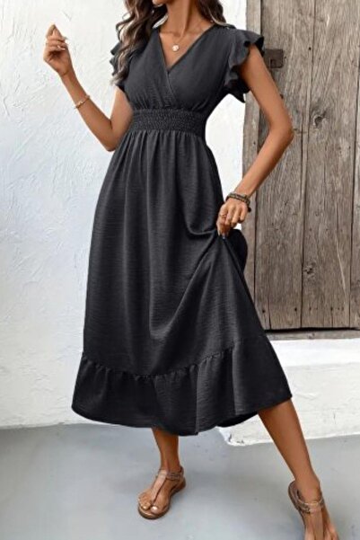 Mossta Double Breasted Collar Elastic Waist Aerobin Dress - Black