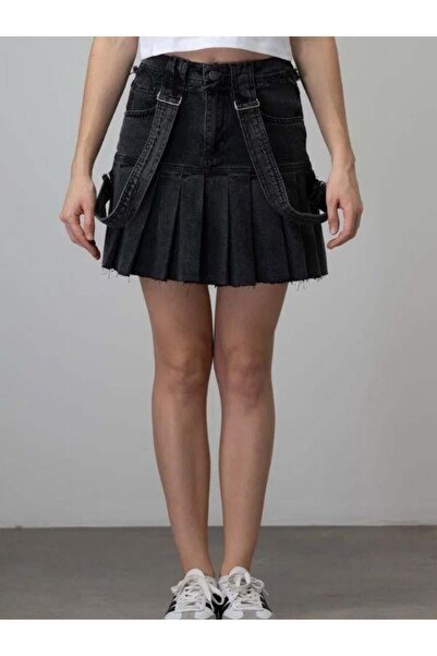 Zekids Fusta de denim cu design plisat cu bretele pentru fete