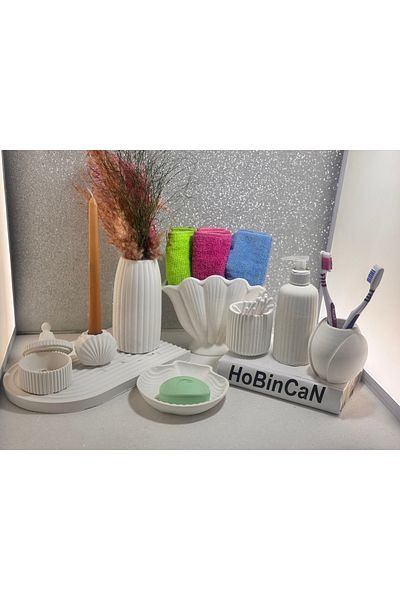 BLANJ 10 Pieces Plain White Concrete Bathroom Set Solid & Liquid Soap Dispenser Toothbrush Holder Towel Holder Rainbow Tray