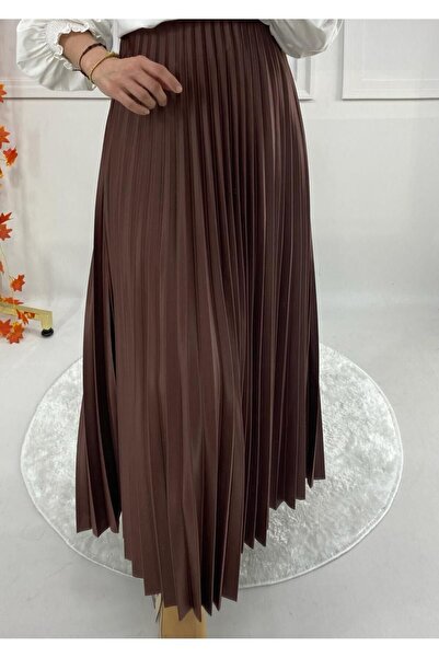 NUR TEKSTİL Kadın Kahve beli lastikli Piliseli Deri Görünümlü standart etek 3...