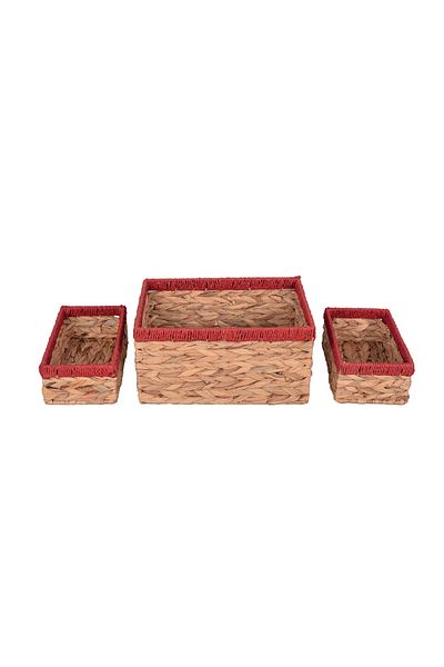 Bahçem Decorative Water Hyacinth / Water Hyacinth Rectangular Red Detailed Basket Set of 3