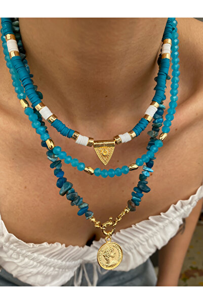 Lucky Designs Gold Doğal Taş Detay Üçlü Set Kolye/ Kadın Çoklu Set Kolye/ Yaz...