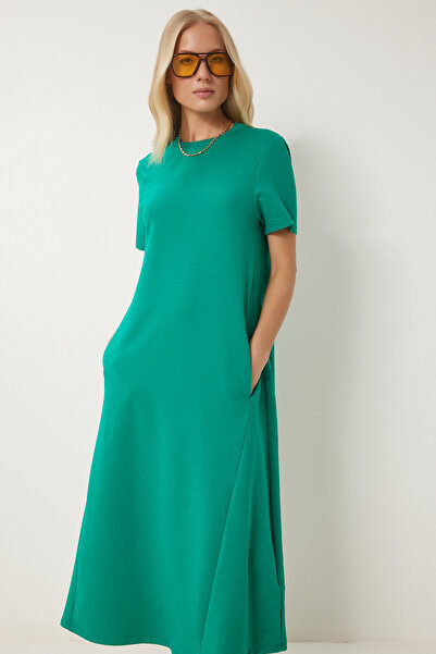 Lovelyİstanbul Καλοκαιρινό Πλεκτό Φόρεμα Α γραμμής ΣΚΟΥΡΟ ΠΡΑΣΙΝΟ LUB0005