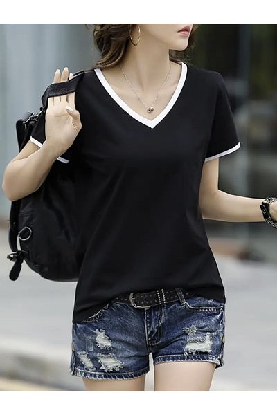 LG LAGULER Casual Stylish Comfortable Fit Contrast Striped V-Neck Short-Sleeved Summer-T-Shirt for Ladies with White Accents