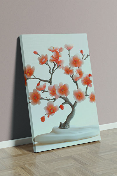 Store Minimalist Tasarımla Yükselen Kırmızı Kiraz Çiçeği 3 Parça Premium Kanvas Tablo