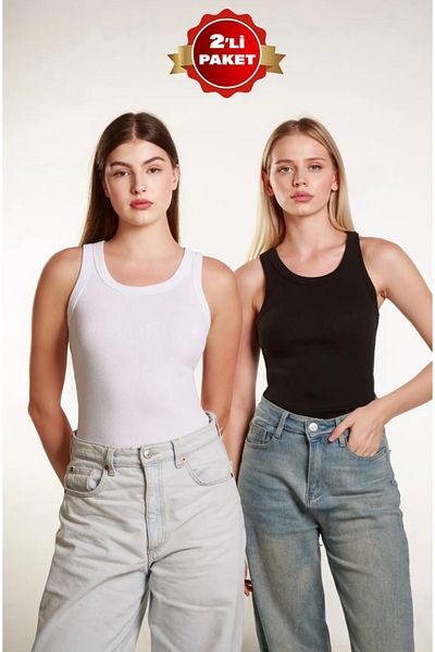 GÖZDE GİYİM 2-Piece Athlete Halter Neck Ribbed Knitted Athlete Black and White Women's Athlete
