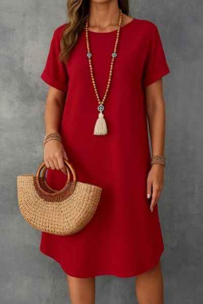 Mossta Short Sleeve Boat Neck Wrap Dress - Red