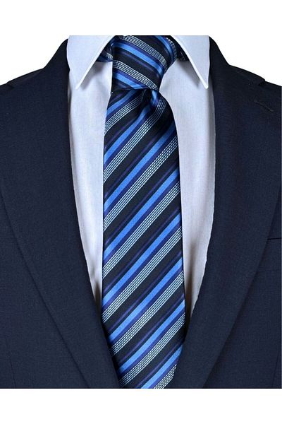 1001 Kravat Navy Blue Striped 8 cm Wide Tie