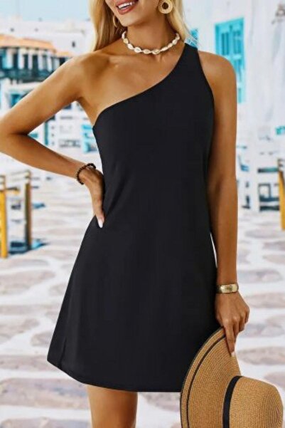 Mossta Tek Omuz Mini Krep Elbise - Siyah