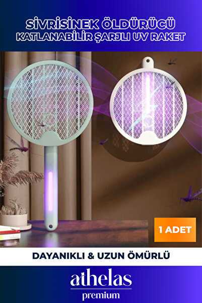Athelas UV Işıklı Katlanabilir Şarjlı Elektrikli Sinek Raket Taşınabilir Sess...
