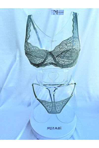 Nuzabi Σετ γυναικείο σουτιέν με δαντέλα Luna Balenli χωρίς κάλυψη, χακί, μακρ...