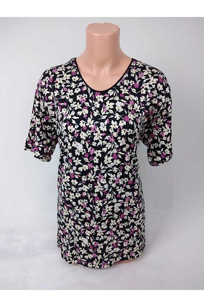 YAŞAR TRİKO Women's Black Lilac U Neck Short Sleeve Patterned Slit Woven Viscose Mother Combed Cotton T-Shirt