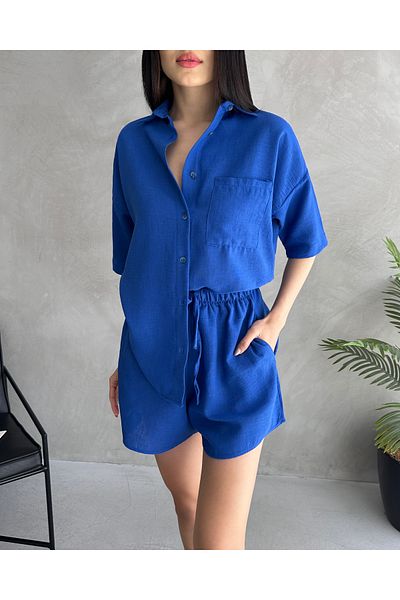 Fav Style Women's Aerobin Linen Short Sleeve Shirt and Shorts Bottom-Top Suit Saks Blue
