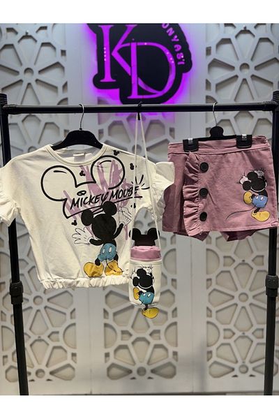 KUMRUNUN DÜNYASI Short Sleeve Elastic Waist Minnie T-Shirt Shorts Skirt and Bag 3-Piece Girls' Bottom Top Set