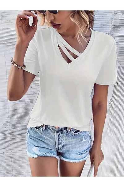 REKA MODA Women's Short Sleeve V-Neck Stripe Detail Viscose Blouse