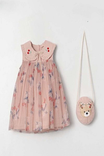 KIPIRIK BABY Rochie tutu cu model de trandafir și cireș pentru fetiță cu geantă cu model de ursuleț