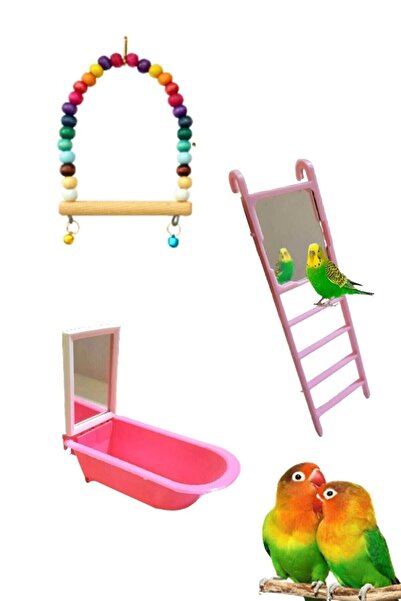 ozzipetshop Muhabbet Kuşu Cennet Papağan Aynalı Banyo Küveti - Aynalı Merdiven - Salıncak Oyuncak Seti