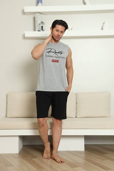 dealp Men's Gray 100% Cotton Printed Undershirt Shorts Sleeveless Pocket Summer Pajama Set