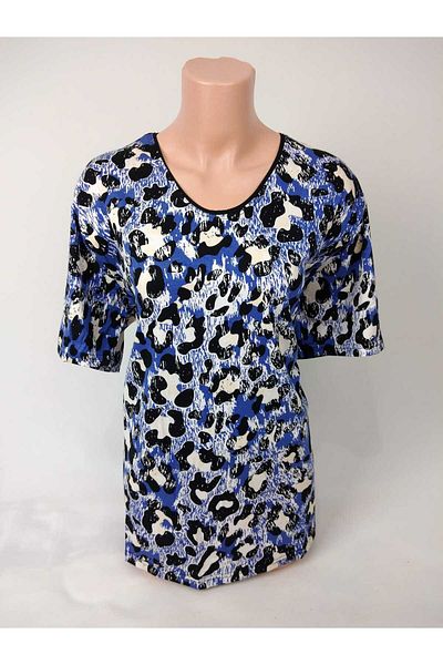 YAŞAR TRİKO Women's Black Blue U Neck Short Sleeve Patterned Slit Woven Viscose Mother Combed Cotton T-Shirt