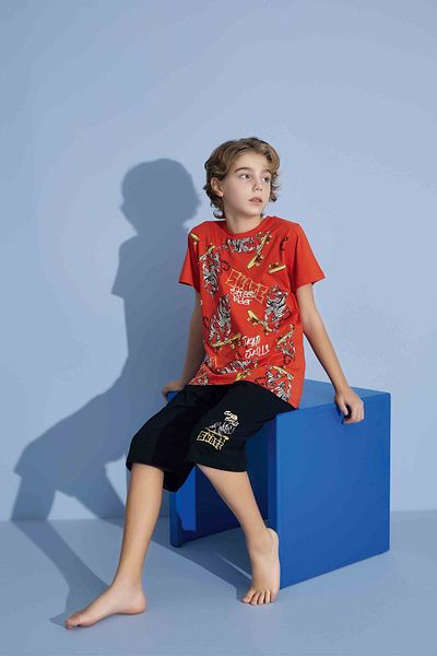 Tarık Male Child Tiger T-Shirt Bermuda Bottom Combed Single Jersey Crew Neck Medium Thick Pajamas Set-3975